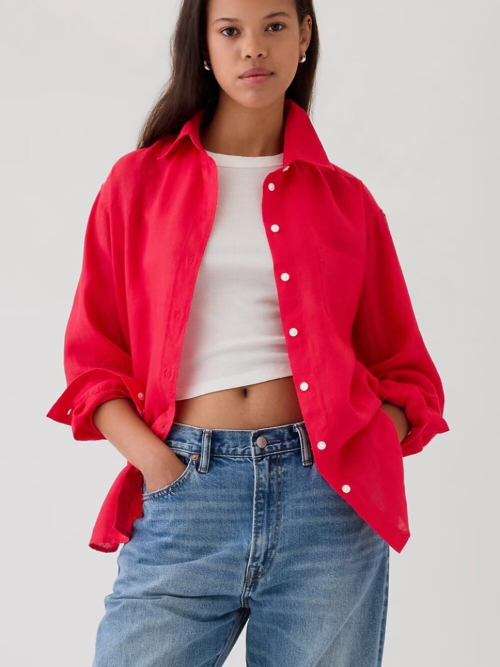 NWT! Gap Women's Slipper Red Linen-Blend Oversized Easy Button Down Shirt S